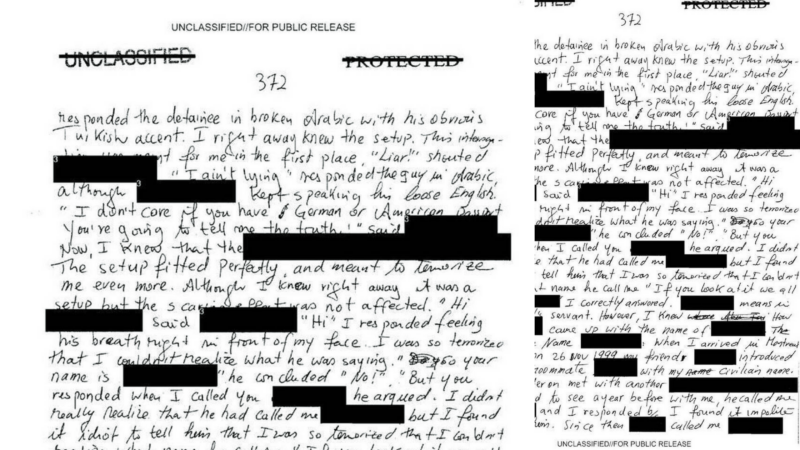 The image contains text that appears to be part of a narrative or dialogue. The text seems to describe a tense or dramatic situation involving multiple characters.