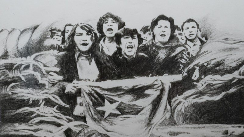 The image shows a group of people holding a flag with a star on it. The image appears to be in black and white,