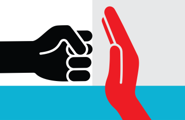 a black fist and a red open hand facing each other, with a blue horizontal bar at the bottom. The background is divided into white and light gray sections.