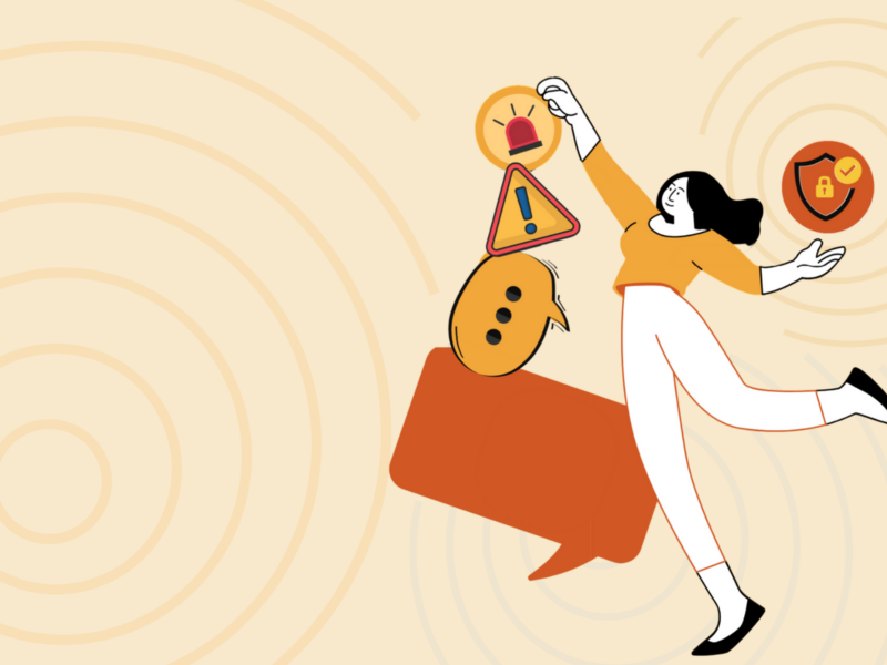 The image shows an illustration of a person in motion, reaching out towards various icons. The icons include a red alarm bell, a yellow warning triangle with an exclamation mark, a speech bubble with three dots, and a shield with a lock. The background features concentric circles in light beige tones.